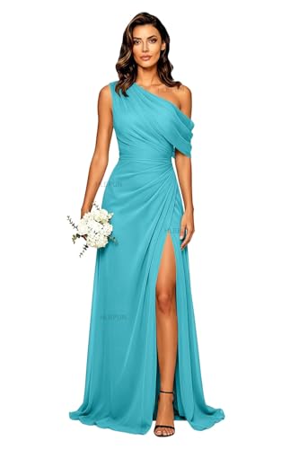 Pleated Chiffon Bridesmaid Dress with Slit Aqua One Shoulder Mermaid Prom Dresses Long Elegant Off Shoulder Formal Evening Gowns for Women