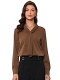 Allegra K Women's Elegant Work Office Blouse Long Sleeve Pleated Tie Neck Top Shirt Coffee L
