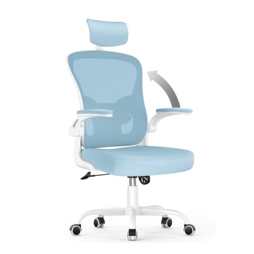 Rattantree Silla De Oficina, De Escritorio Ergonómica Con Reposacabezas Ajustable Y Soporte Lumbar, Respaldo De Malla Transpirable, Reposabrazos Abatibles De 90 , Silla Giratoria De 360 , Azul