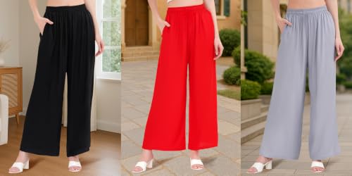 Image of Buy That Trendz Palazzo Pants for Women Rayon Elasticated Regular Fit Flared Wide Leg M to 6XL Pack of 3