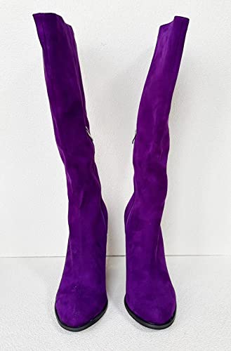 Frankie Hsu Ladies Girls Sexy Unisex Chunky Block Knee High Middle Heeled Wide Calf Long Boots, Purple Suede Style, Big Large Size US4-14 Fringe Cowgirl Shoes For Women Men2