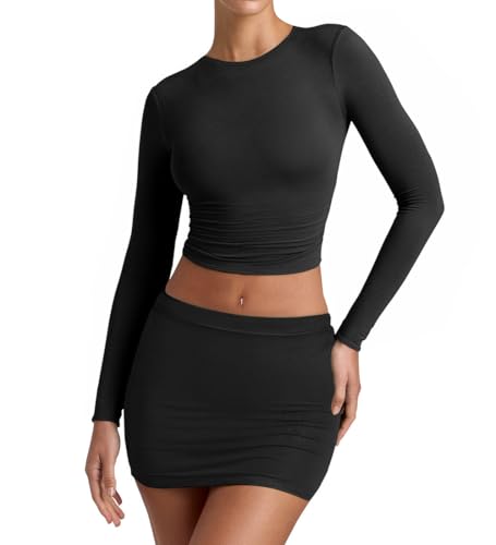 YFANG Women's Sexy Two Pieces Pencil Mini Skirt Set Long Sleeve Crew Neck Crop Top Short Bodycon Skirt Outfits4