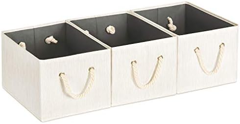 MaidMAX Cloth Storage Baskets, 14.4×10×8.4'', Shelf Basket, Collapsible Storage Bins with 2 Cotton Rope Handles, Bamboo Style Slubbed Fabric, Beige with Gray Lining, Set of 3