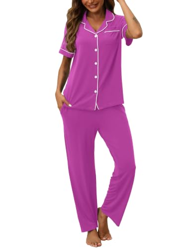 Image of HNG Women Pajamas Set 2 Piece Button Up Pajamas Pant and Short Sleeve Shirt for Woman Pj Sets with Pocket