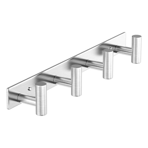 HUFEEOH Coat Rack Wall Mount, Silver T Shaped 4 Hooks Coat Hooks for Bathroom, Heavy Duty Wall Hooks Towel Hooks for Hanging, Stainless Steel Purse Hanger Towel Rack for Mudroom Bathroom Entryway