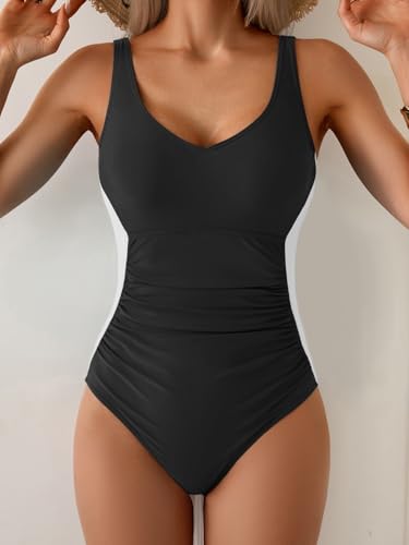 Women's One Piece Swimsuits Tummy Control Bathing Suit Color Block Slimming Swimwear Ruched Swim Suit4