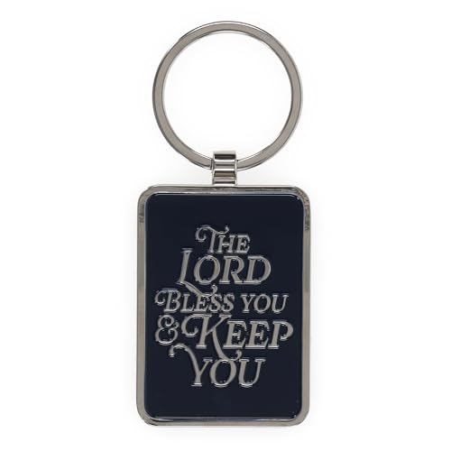 Christian Art Gifts Novelty Engraved Inspirational Scripture Keychain for Men & Women: Lord Bless You Encouraging Bible Verse, Stamped Split Metal Keyring, Sturdy Car Key Accessory, Navy Blue & Silver