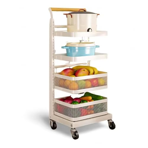 Carrito de almacenamiento estrecho rodante de 4 niveles para microondas, estante giratorio de cocina con 2 cestas, estante blanco que ahorra espacio para el hogar y la oficina