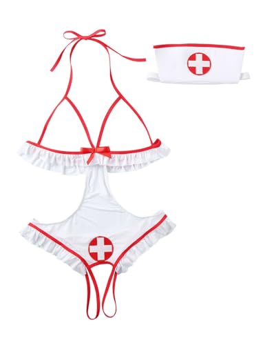 Bommi Fairy Sexy Babydolls für Frauen Stirnband + Body Krankenschwester-Cosplay-Kostüm 2-teiliges Krankenschwester-Dessous-Set Größe S-XL (XL)