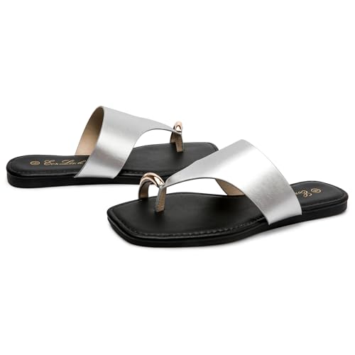 Image of Eozlink Women's Toe Ring Flat Sandals, Slip On Dressy Summer Slides | PU upper with square toe and metal accent for resort and casual outfits