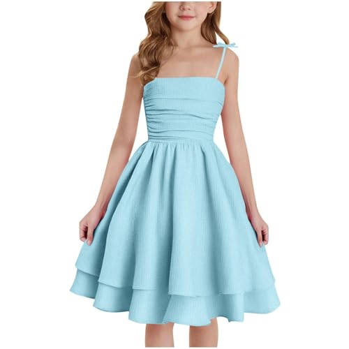 Vestido de verano para niñas adolescentes, sin mangas, tirantes delgados, volantes, plisado, sin tirantes, fruncido, casual, elegante, vestido de novia, azul, 9 10 años