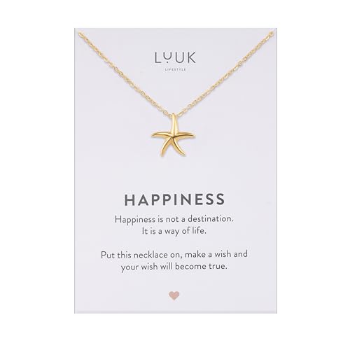 LUUK LIFESTYLE Collier femme en acier inoxydable (50 cm) avec pendentif étoile de mer, carte HAPPINESS, idée cadeau pour elle, chaîne résistante à l'eau, porte...