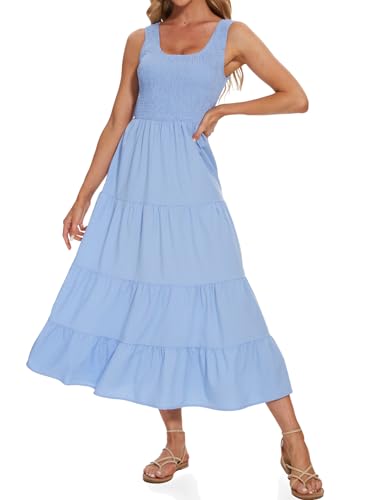 Image of Women's Summer Smocked Maxi Dresses Sleeveless U Neck Ruffle Hem Tiered A Line Flowy Dress