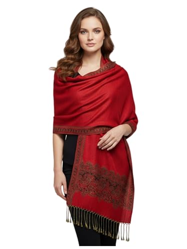 Women's Double Layered Border Pattern Reversible Pashmina Shawl Scarf Wrap Stole (003-19 Deep Red)