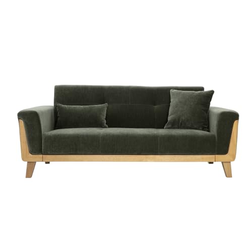 Miliboo Skandinavisches Sofa, 3-Sitzer, Stoffbezug, Velours-Effekt, Khaki und helles Fjord-Holz