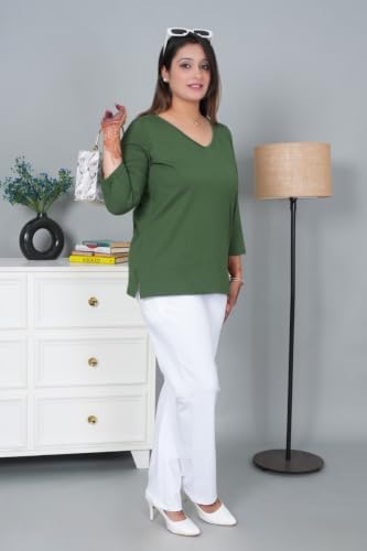Image of Mlada V-Neck Cotton 3 /4th Sleeves Tshirt for Women | Stretchable Regualr Fit Solid Cotton Tshirts | Casual 3 /4th Sleeves Tshirts for Women Office Wear | Solid Round Neck Tshirt