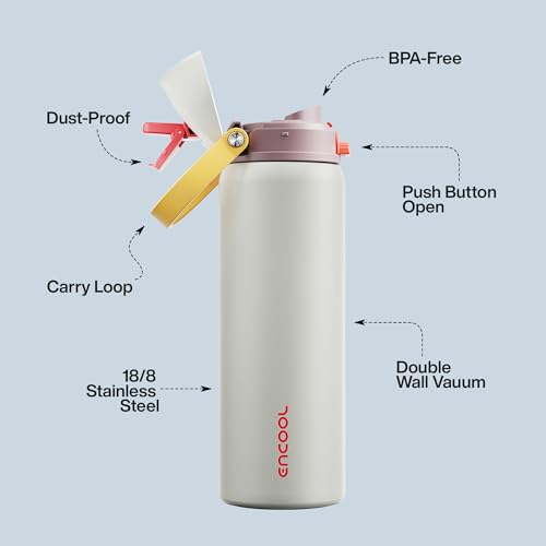 Image of Insulated Water Bottle with Straw - Encool Stainless Steel Water Bottle with Push Button Lid, Leak-Proof & BPA-Free, Keeps Cold for 24 Hours for Sports, Travel, Gym (32 oz, Quill Grey-Red)