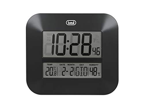 Trevi OM 3520 D Orologio Digitale con Ampio Display LCD, Termometro e Igrometro, Calendario Multilingue, Facile Installazione a Parete/Tavolo, Funzionamento a Batterie AA, Nero