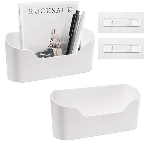 2 Pcs Cabinet Door Organiser with 2 Adhesive Pad, Under Sink Plastic Organizer, No Drilling File Holder for Mail Magazine, Self Adhesive Wall Mounted Storage Box for Bathroom, Pantry, Office, Kitchen