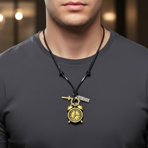Image of THE MEN THING Retro Vintage Clock - 1.8-Inch Pure Stainless Steel Pendant with Adjustable Leather Rope for Men & Boys