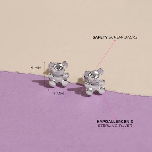 925 Sterling Silver Toddler Girls Cute Teddy Bear Screw Back Earrings, Safety Screw Back Locking for Children - Kids Bear Jewelry, Fun and Stylish Earrings4