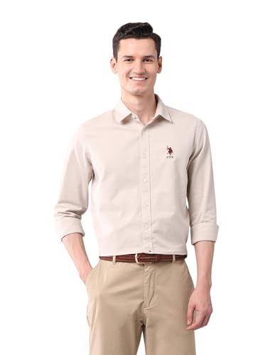 Image of U.S. Polo ASSN. Solid Slim Fit Shirt for Men - 100% Cotton, Breathable & Comfortable, Full Sleeves Casual Shirt for Men