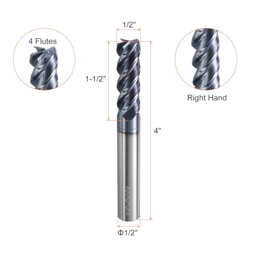 Image of HARFINGTON 2pcs Carbide Square Nose End Mill Bit 1 /2 inch Cut Dia 4 Flutes TiAlN Coated Milling Cutter for Hardened Steel Metal (1 /2 inch Shank 1-1 /2 inch Cut Length 4 inch Long 45 Degree HRC49-51)