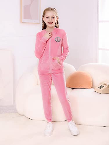 V.&Grin Girls Tracksuit 2 Piece Outfit Velour Zip Up Hooded Sweatshirt And Athletic Sweatpants Clothes Kids Jogger Set #TOP6