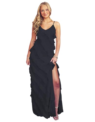 Spaghetti Straps Slit Bridesmaid Dresses with Ruffle Chiffon V Neck Long Formal Wedding Dresses for Women