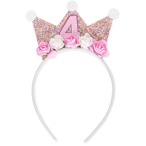 YAWYO Corona di compleanno rosa, decorazioni per il 4° compleanno, festa da principessa per bambine, corona di da principessa glitterata per bambine, cerchietto per feste per bambini