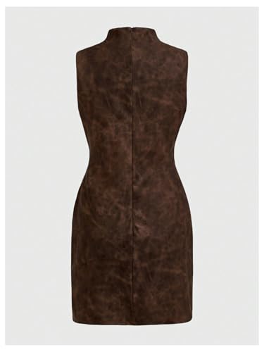 Image of RoseSeek Women's PU Leather Ruched Bodycon Dresses Mock Neck Sleeveless Zipper Mini Tank Dress