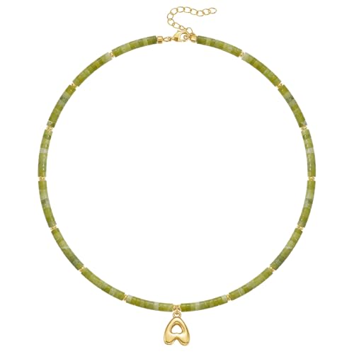 KELORIS PATH Beaded Initial Necklace for Women, 14K Gilded Plated Bubble Letter Pendant Natural Handmade Stone Choker Boho Colorful Summer Beach Jewelry Gift