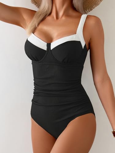 Image of B2prity Women's One Piece Swimsuits Tummy Control Bathing Suits Push Up Swim Suit Color Block Swimwear