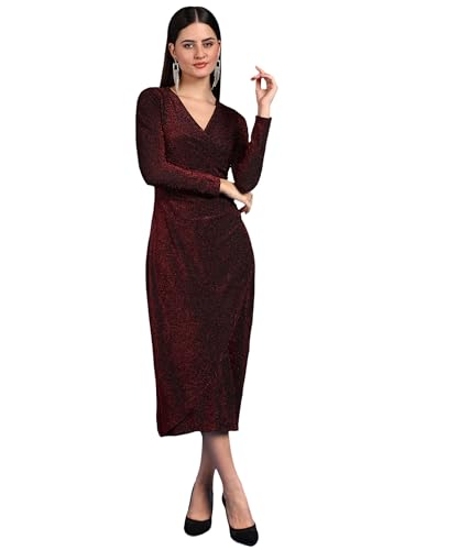 Image of SAFFE Women's Stylish Casual Evening Textured Full Sleeve V-Neck Bodycon Body Fitted Midi Dress, Maroon