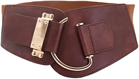 Women Gold Metal Hook Buckle Wide Dressy Fashion Elastic Belt Hip Waist Size S M Brown