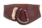 Women Gold Metal Hook Buckle Wide Dressy Fashion Elastic Belt Hip Waist Size S M Brown