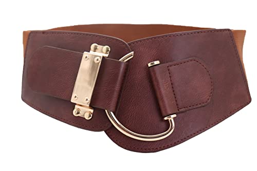 Women Gold Metal Hook Buckle Wide Dressy Fashion Elastic Belt Hip Waist Size S M Brown #TOP14