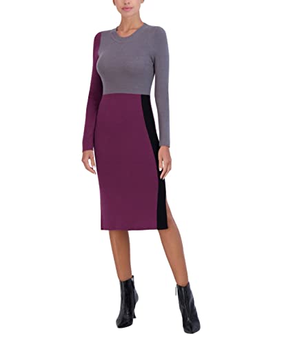 Bcbgmaxazria Women's Colorblock Midi Dress Long Sleeve Bodycon Mock Neck, Wine, Medium #TOP6
