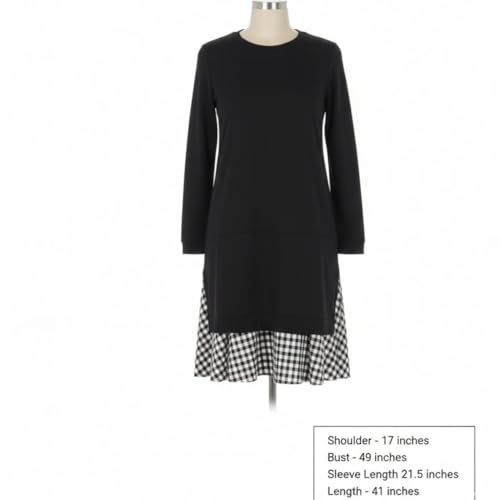 Image of Women Single Piece Long Sleeve Midi Dress with Round Neck Solid Black Body and Checked Hem Panel Boutique Limited One of One Handmade Exclusive Wear Style