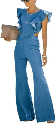 Omoone Womens Flared Denim Overalls Jumpsuit Ruffle Sleeves Backless Stretchy Blue Jean Romper