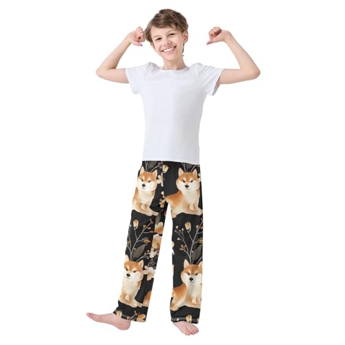 Lovely Corgi Dog Floral Boys Long Pants Soft Trousers Elastic Waist Kids Lounge Bottoms with Pockets S-XL2