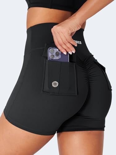YEOREO CoreFlex Scrunch Workout Shorts with Pockets for Women 4.5" High Waisted Cargo Gym Biker Shorts Tummy Control Yoga3