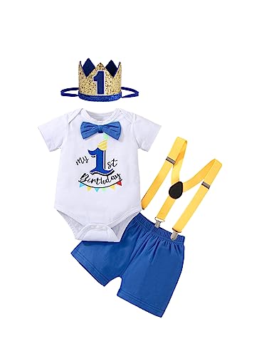 Highnesson-ww Baby Boy Funny First Birthday Clothes Infant Clothes Bow Tie Blue Romper Pants Set Suspenders Cake Smash Outfits