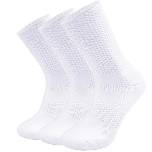 SOX TOWN Unisex Cushioned Crew Training Athletic Socks Men & Women with Combed Cotton Moisture Wicking Breathable Performance(White M 3P)