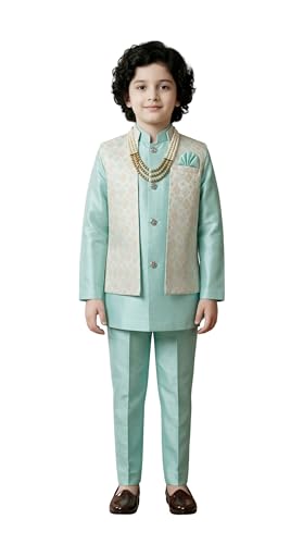 Image of AHHAAAA Kids Ethnic Silk Blend Waistcoat Kurta Pyjama 3 Piece Sherwani Set For Boys |540|