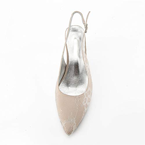 DXSYMJM Women's Slingback High Heels Pointed Toe Kitten Heel Ankle Strap Lace Satin Wedding Dress Shoes2