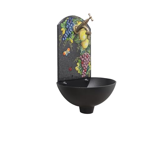 Fonderia Bongiovanni Fuente de jardín | Fuente de pared | Modelo Petra con grifo de latón bruñido | para casa jardín | con frontal de piedra volcánica | Decoración de limones y granadas |