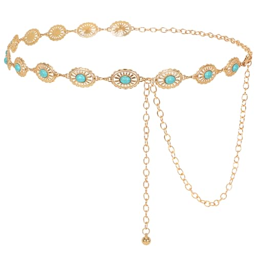Image of LEACOOLKEY Women Turquoise Concho Chain Waist Belt Silver Western Cowgirl Metal Chain Belt for Dress Adjustable