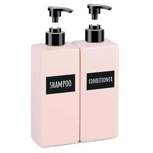 Image of Segbeauty 16.9oz Soap Dispenser Refillable, 2pcs Pink Shower Lotion Bottles with Labels, 500ml Plastic Square Shampoo and Conditioner Bottles for Bathroom, Empty Hand Dish Soap Dispenser for Kitchen