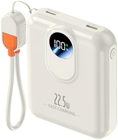 Power Bank 10000mAh, Fast Charging Portable Charger with Built-in Cables, 22.5W 4 Outputs LED Display, Small USB C Battery Pack for iPhone 16 15 14 iPad Tablets (Beige)